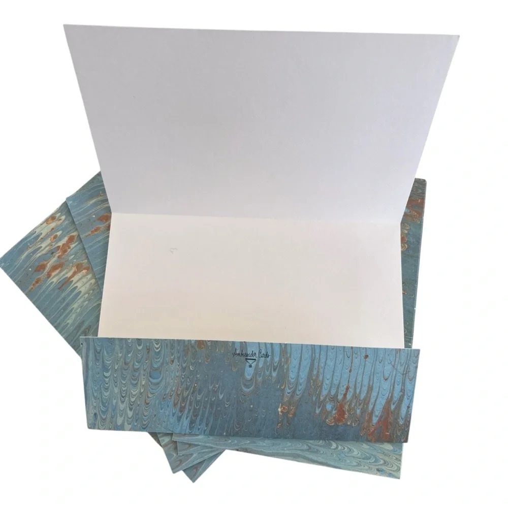 Vintage Ambassador Cards 3 Tri-Fold Blank Greeting Cards Blue Marbled Blank
